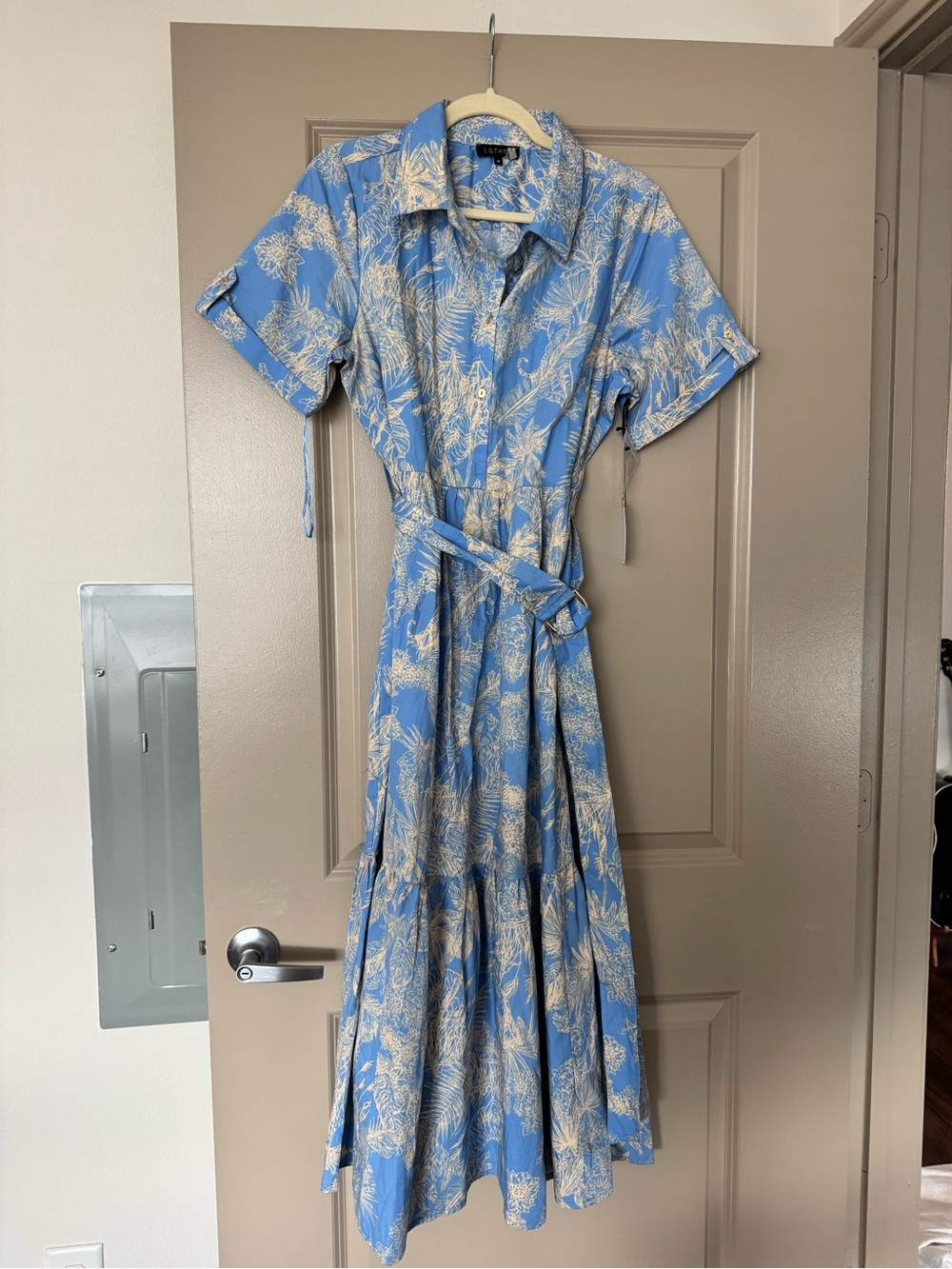 1. State Blue and Cream Floral Maxi Shirt Dress with Tie Waist